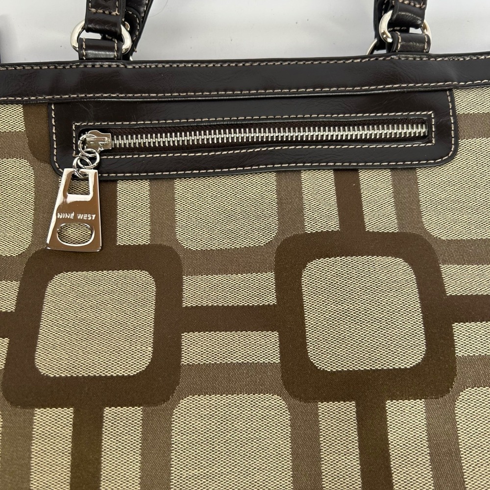 Nine West‎ Brown Tan Geometric Print Satchel Tote Bag Purse Handbag Modern